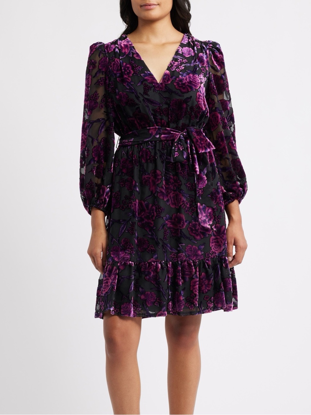 Eliza J Black and Purple Floral Velvet Wrap Dress